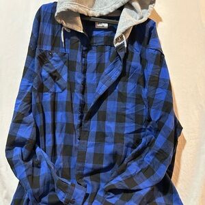 Men's Blue and Black Checkered Hooded Shirt